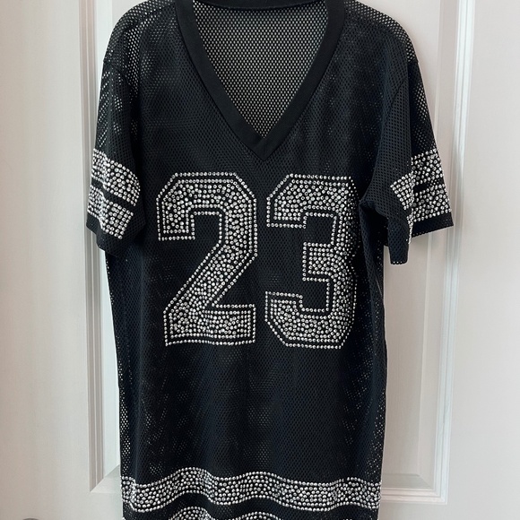 Black Mesh Rhinestone Jersey Top #23 – Oversized Sporty Glam - Picture 1 of 8